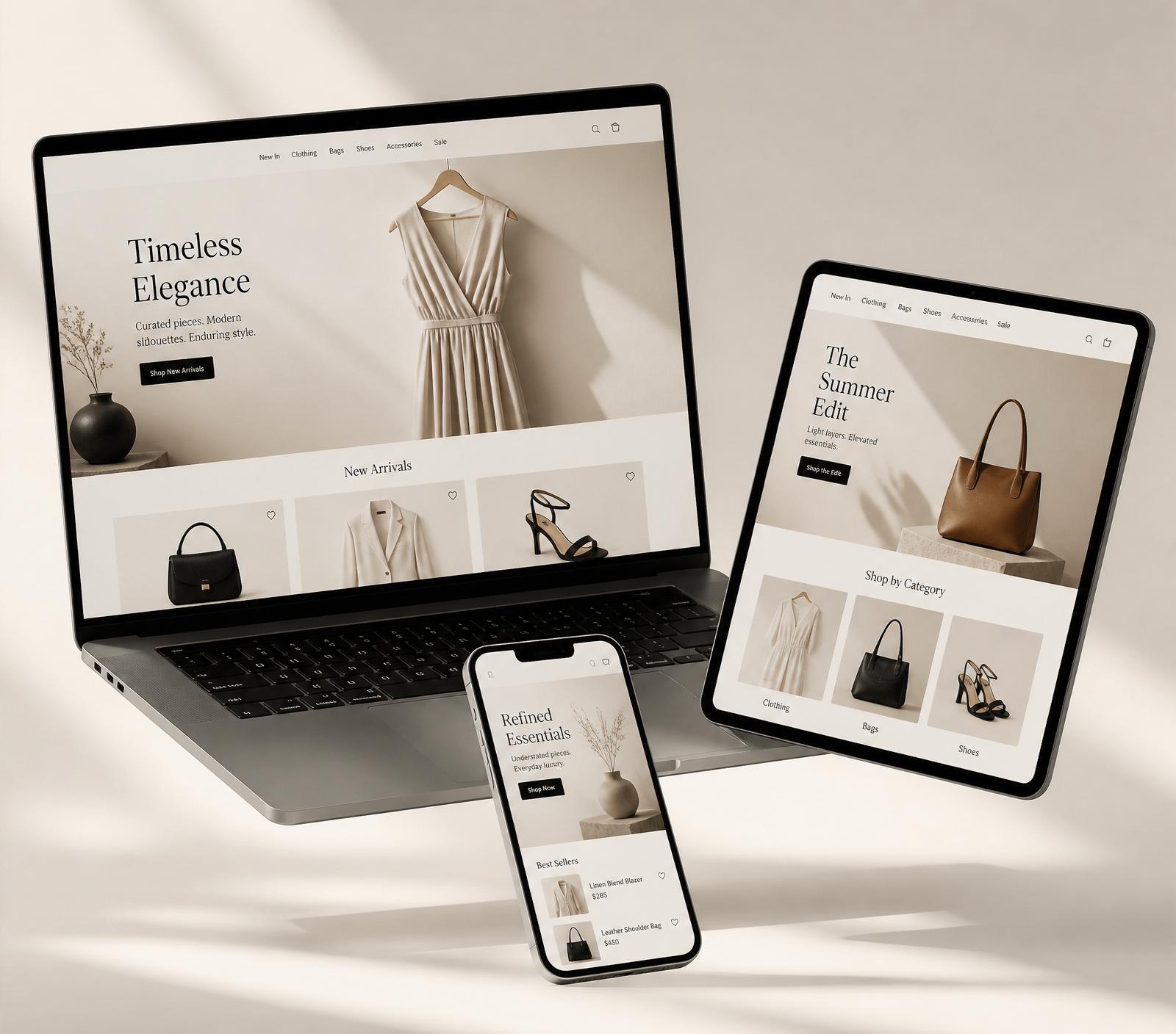 Premium e-commerce storefronts on laptop, tablet and phone